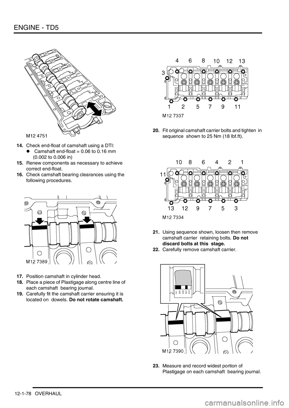 LAND ROVER DISCOVERY 2002 Workshop Manual ENGINE - TD5
12-1-78 OVERHAUL
14.Check end-float of camshaft using a DTI:
l Camshaft end-float = 0.06 to 0.16 mm
(0.002 to 0.006 in)
15.Renew components as necessary to achieve
correct end-float.
16 LAND ROVER DISCOVERY 2002 Workshop Manual ENGINE - TD5
12-1-78 OVERHAUL
14.Check end-float of camshaft using a DTI:
l Camshaft end-float = 0.06 to 0.16 mm
(0.002 to 0.006 in)
15.Renew components as necessary to achieve
correct end-float.
16
