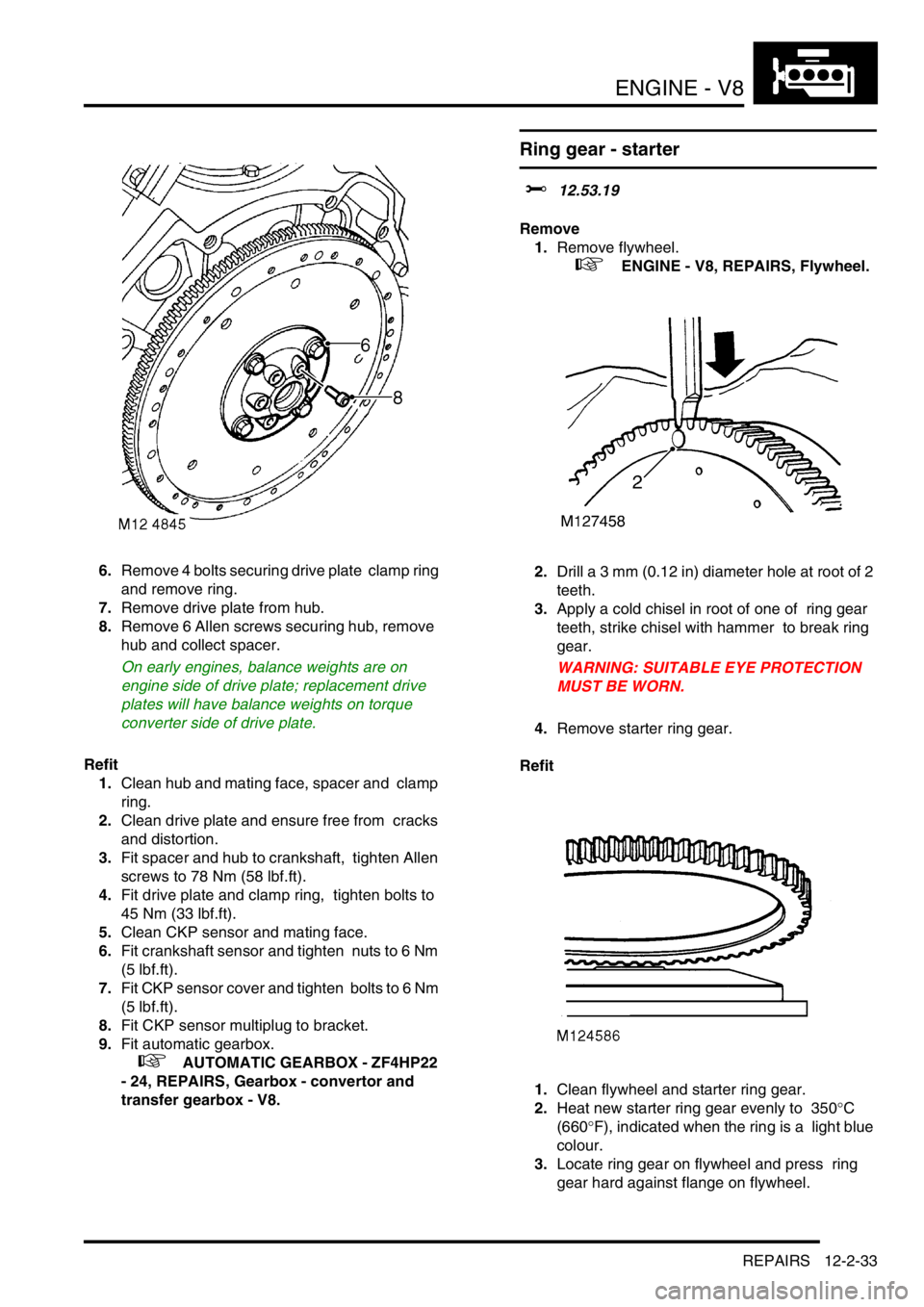 LAND ROVER DISCOVERY 2002 Service Manual ENGINE - V8
REPAIRS 12-2-33
6.Remove 4 bolts securing drive plate clamp ring
and remove ring.
7.Remove drive plate from hub.
8.Remove 6 Allen screws securing hub, remove
hub and collect spacer. LAND ROVER DISCOVERY 2002 Service Manual ENGINE - V8
REPAIRS 12-2-33
6.Remove 4 bolts securing drive plate clamp ring
and remove ring.
7.Remove drive plate from hub.
8.Remove 6 Allen screws securing hub, remove
hub and collect spacer.