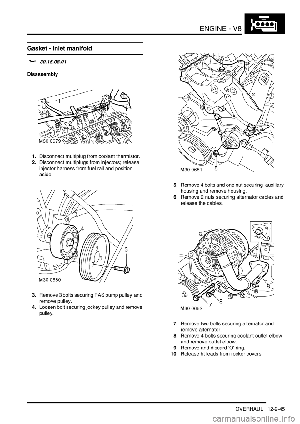 LAND ROVER DISCOVERY 2002 Workshop Manual ENGINE - V8
OVERHAUL 12-2-45
OVERHAUL
Gasket - inlet manifold
$% 30.15.08.01
Disassembly
1.Disconnect multiplug from coolant thermistor.
2.Disconnect multiplugs from injectors; release
injector ha LAND ROVER DISCOVERY 2002 Workshop Manual ENGINE - V8
OVERHAUL 12-2-45
OVERHAUL
Gasket - inlet manifold
$% 30.15.08.01
Disassembly
1.Disconnect multiplug from coolant thermistor.
2.Disconnect multiplugs from injectors; release
injector ha