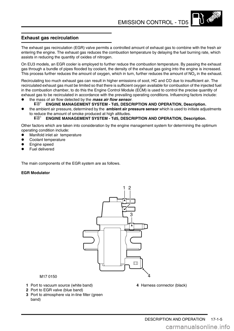 LAND ROVER DISCOVERY 2002 Service Manual EMISSION CONTROL - TD5
DESCRIPTION AND OPERATION 17-1-5
Exhaust gas recirculation
The exhaust gas recirculation (EGR) valve permits a controlled amount of exhaust gas to combine with the fresh air
en LAND ROVER DISCOVERY 2002 Service Manual EMISSION CONTROL - TD5
DESCRIPTION AND OPERATION 17-1-5
Exhaust gas recirculation
The exhaust gas recirculation (EGR) valve permits a controlled amount of exhaust gas to combine with the fresh air
en