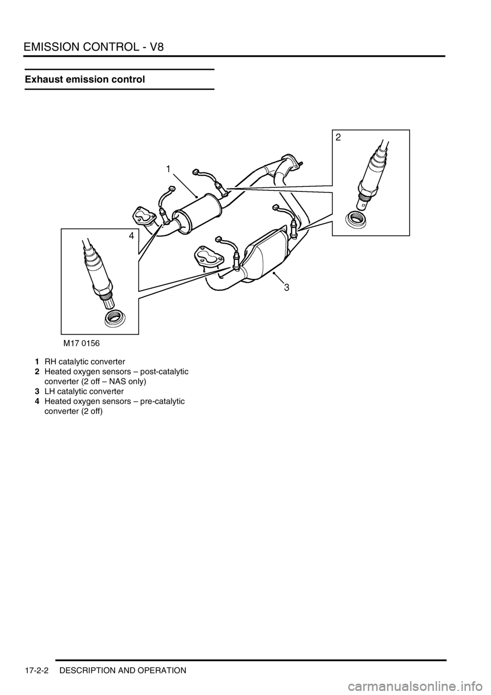 LAND ROVER DISCOVERY 2002 Service Manual EMISSION CONTROL - V8
17-2-2 DESCRIPTION AND OPERATION
Exhaust emission control
1RH catalytic converter
2Heated oxygen sensors – post-catalytic
converter (2 off – NAS only)
3LH catalytic converte LAND ROVER DISCOVERY 2002 Service Manual EMISSION CONTROL - V8
17-2-2 DESCRIPTION AND OPERATION
Exhaust emission control
1RH catalytic converter
2Heated oxygen sensors – post-catalytic
converter (2 off – NAS only)
3LH catalytic converte
