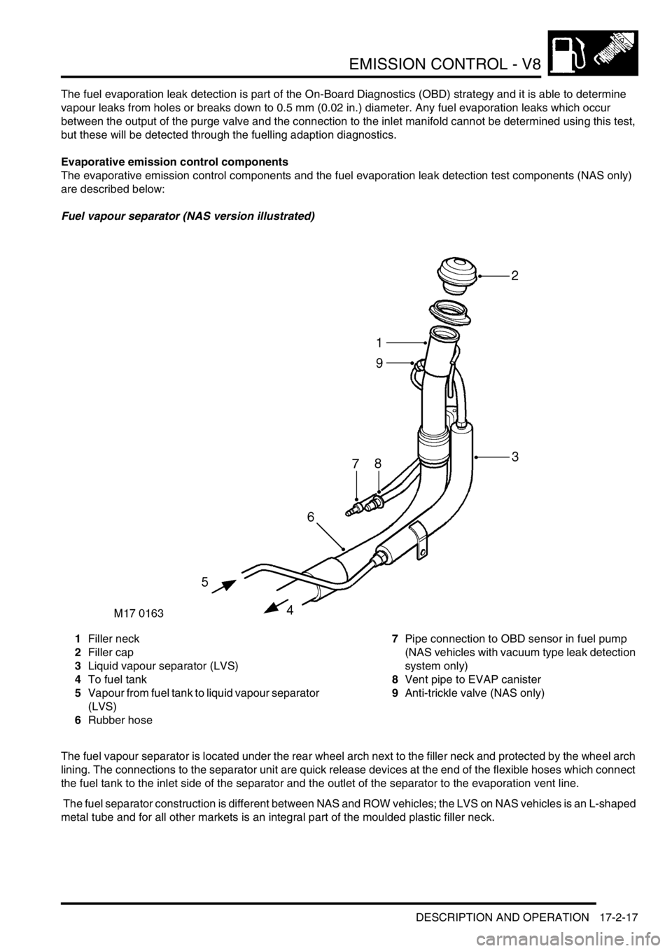 LAND ROVER DISCOVERY 2002 Service Manual EMISSION CONTROL - V8
DESCRIPTION AND OPERATION 17-2-17
The fuel evaporation leak detection is part of the On-Board Diagnostics (OBD) strategy and it is able to determine
vapour leaks from holes or b LAND ROVER DISCOVERY 2002 Service Manual EMISSION CONTROL - V8
DESCRIPTION AND OPERATION 17-2-17
The fuel evaporation leak detection is part of the On-Board Diagnostics (OBD) strategy and it is able to determine
vapour leaks from holes or b