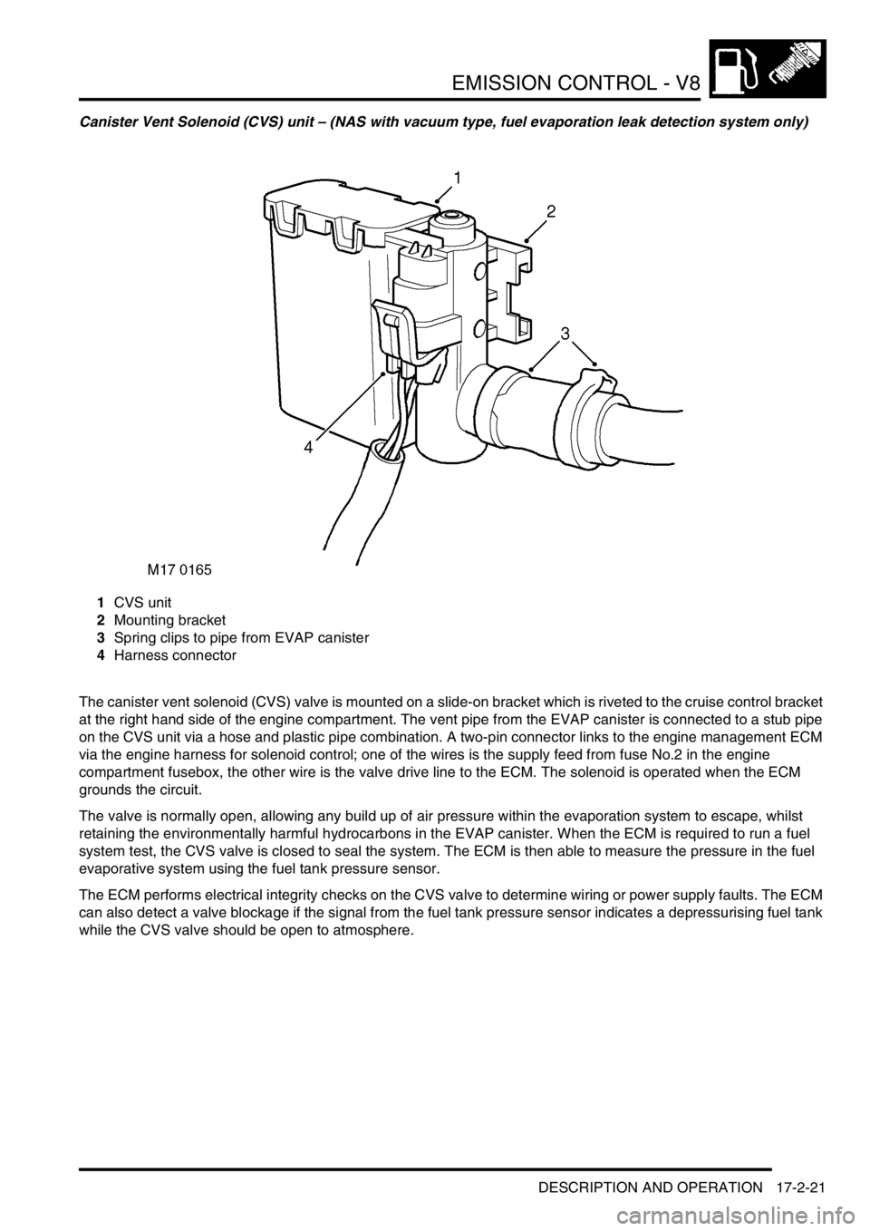 LAND ROVER DISCOVERY 2002  Workshop Manual EMISSION CONTROL - V8
DESCRIPTION AND OPERATION 17-2-21
Canister Vent Solenoid (CVS) unit – (NAS with vacuum type, fuel evaporation leak detection system only)
1CVS unit
2Mounting bracket
3Spring cl