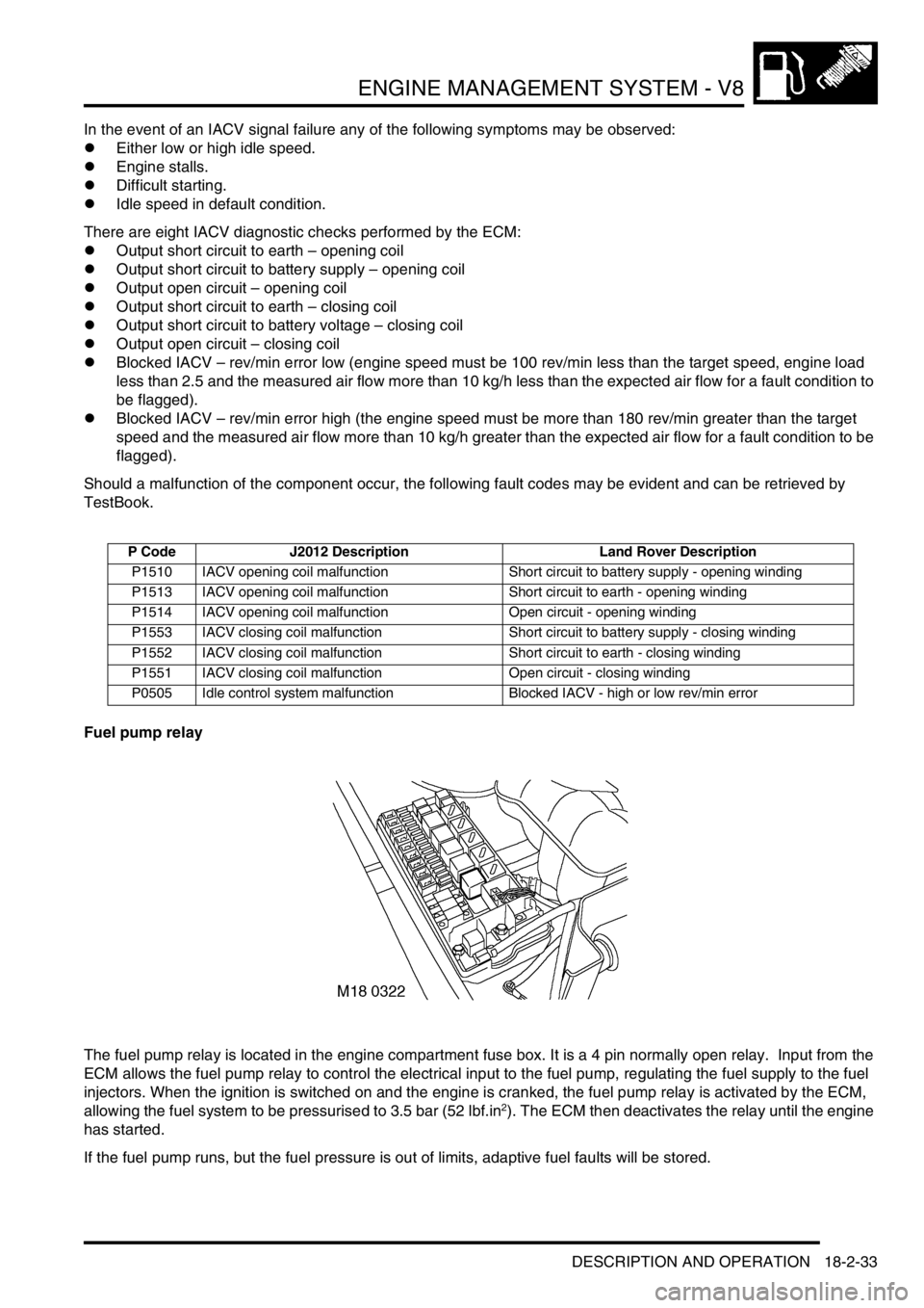 LAND ROVER DISCOVERY 2002 Manual PDF ENGINE MANAGEMENT SYSTEM - V8
DESCRIPTION AND OPERATION 18-2-33
In the event of an IACV signal failure any of the following symptoms may be observed:
lEither low or high idle speed.
lEngine stalls.
lD LAND ROVER DISCOVERY 2002 Manual PDF ENGINE MANAGEMENT SYSTEM - V8
DESCRIPTION AND OPERATION 18-2-33
In the event of an IACV signal failure any of the following symptoms may be observed:
lEither low or high idle speed.
lEngine stalls.
lD