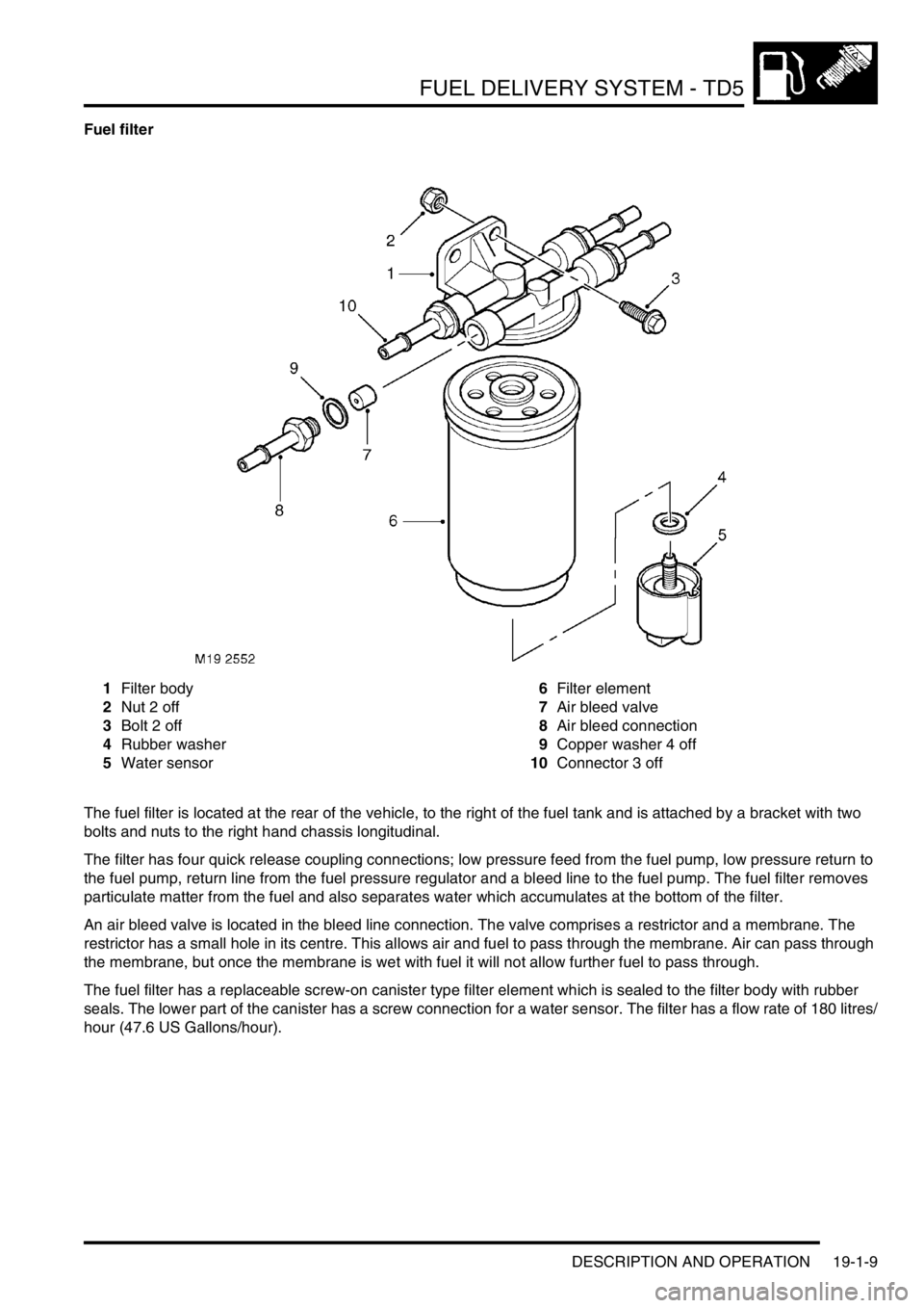 LAND ROVER DISCOVERY 2002 Workshop Manual FUEL DELIVERY SYSTEM - TD5
DESCRIPTION AND OPERATION 19-1-9
Fuel filter
1Filter body
2Nut 2 off
3Bolt 2 off
4Rubber washer
5Water sensor6Filter element
7Air bleed valve
8Air bleed connection
9Copper w LAND ROVER DISCOVERY 2002 Workshop Manual FUEL DELIVERY SYSTEM - TD5
DESCRIPTION AND OPERATION 19-1-9
Fuel filter
1Filter body
2Nut 2 off
3Bolt 2 off
4Rubber washer
5Water sensor6Filter element
7Air bleed valve
8Air bleed connection
9Copper w