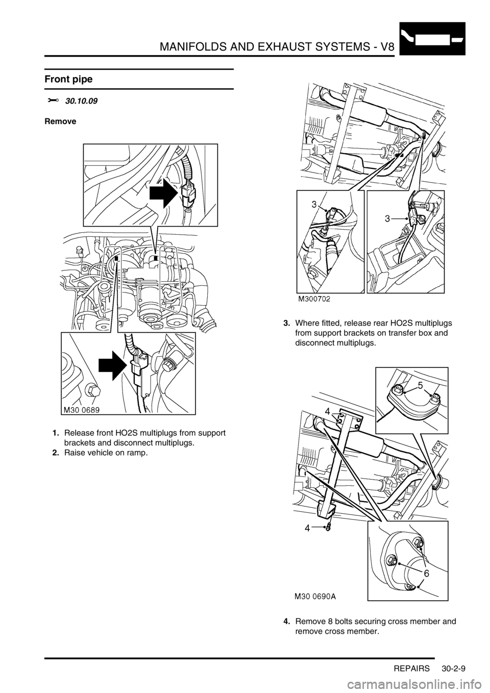 LAND ROVER DISCOVERY 2002 Workshop Manual MANIFOLDS AND EXHAUST SYSTEMS - V8
REPAIRS 30-2-9
REPAIRS
Front pipe
$% 30.10.09
Remove
1.Release front HO2S multiplugs from support
brackets and disconnect multiplugs.
2.Raise vehicle on ramp. 3.Wh LAND ROVER DISCOVERY 2002 Workshop Manual MANIFOLDS AND EXHAUST SYSTEMS - V8
REPAIRS 30-2-9
REPAIRS
Front pipe
$% 30.10.09
Remove
1.Release front HO2S multiplugs from support
brackets and disconnect multiplugs.
2.Raise vehicle on ramp. 3.Wh