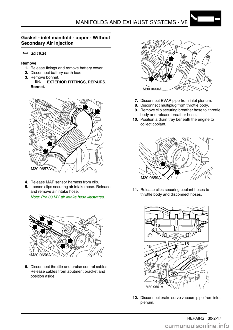LAND ROVER DISCOVERY 2002 User Guide MANIFOLDS AND EXHAUST SYSTEMS - V8
REPAIRS 30-2-17
Gasket - inlet manifold - upper - Without 
Secondary Air Injection
$% 30.15.24 
Remove
1.Release fixings and remove battery cover. 
2.Disconnect batt