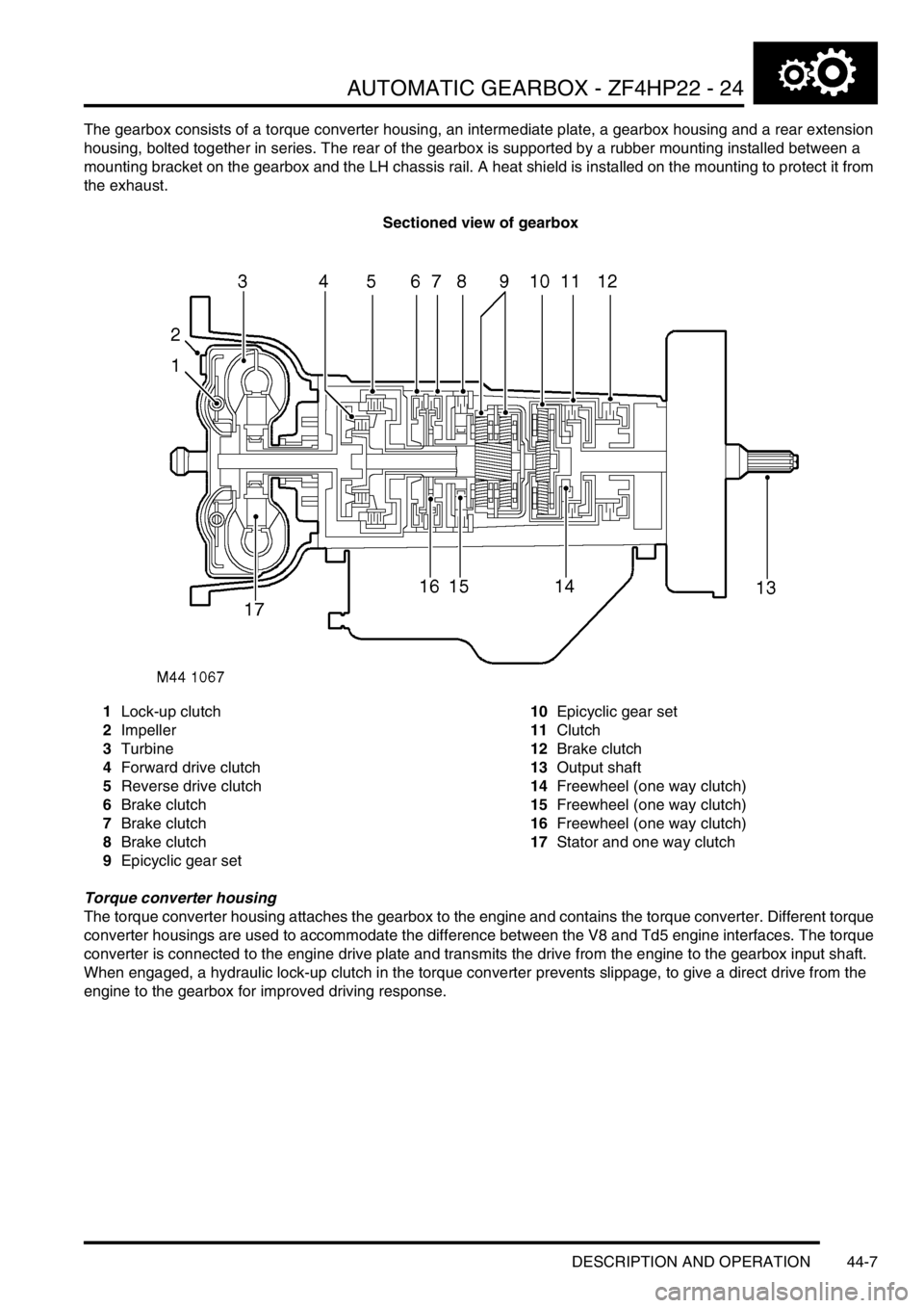 LAND ROVER DISCOVERY 2002 Repair Manual AUTOMATIC GEARBOX - ZF4HP22 - 24
DESCRIPTION AND OPERATION 44-7
The gearbox consists of a torque converter housing, an intermediate plate, a gearbox housing and a rear extension
housing, bolted toget LAND ROVER DISCOVERY 2002 Repair Manual AUTOMATIC GEARBOX - ZF4HP22 - 24
DESCRIPTION AND OPERATION 44-7
The gearbox consists of a torque converter housing, an intermediate plate, a gearbox housing and a rear extension
housing, bolted toget