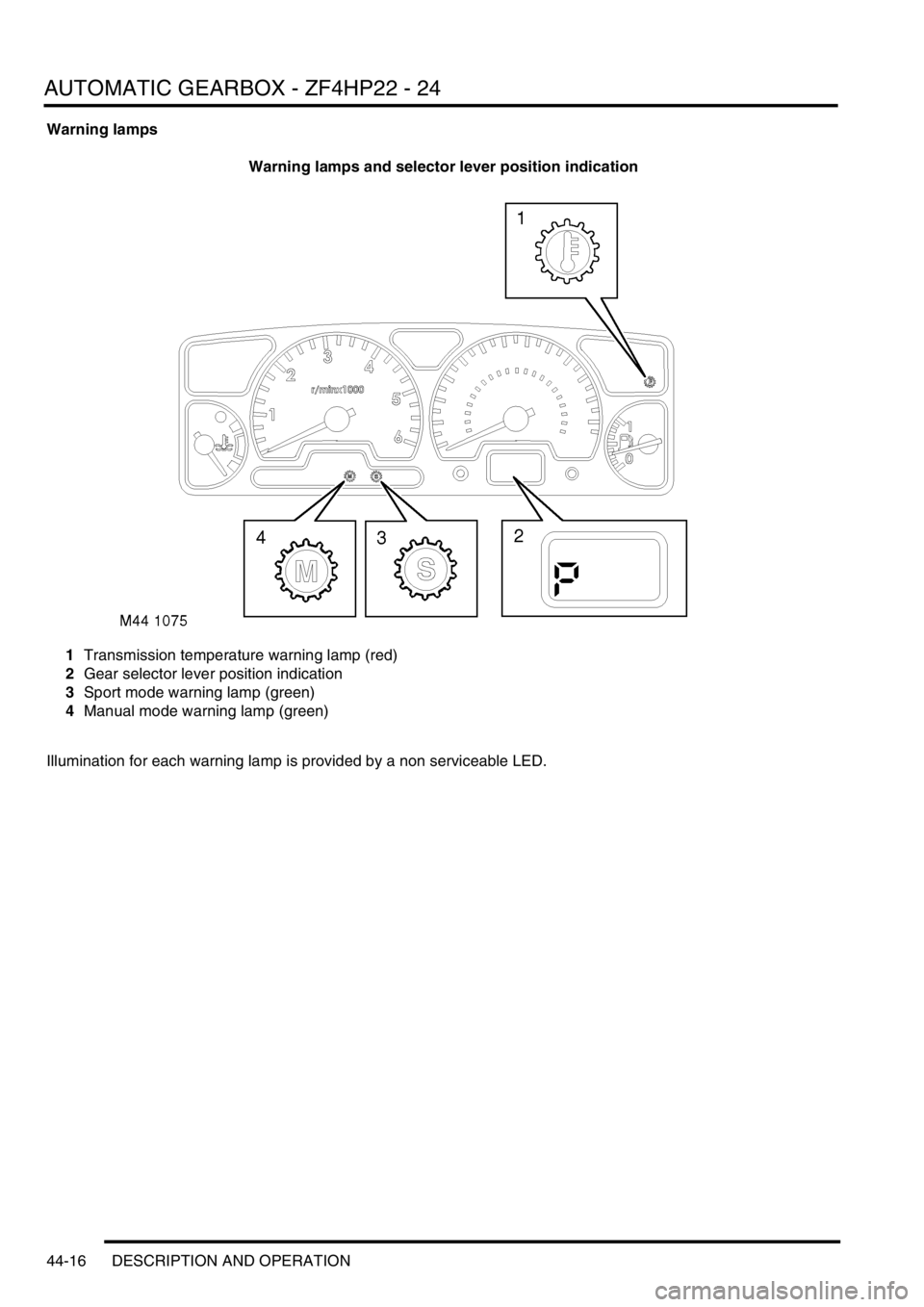 LAND ROVER DISCOVERY 2002 Workshop Manual AUTOMATIC GEARBOX - ZF4HP22 - 24
44-16 DESCRIPTION AND OPERATION
Warning lamps
Warning lamps and selector lever position indication
1Transmission temperature warning lamp (red)
2Gear selector lever po LAND ROVER DISCOVERY 2002 Workshop Manual AUTOMATIC GEARBOX - ZF4HP22 - 24
44-16 DESCRIPTION AND OPERATION
Warning lamps
Warning lamps and selector lever position indication
1Transmission temperature warning lamp (red)
2Gear selector lever po
