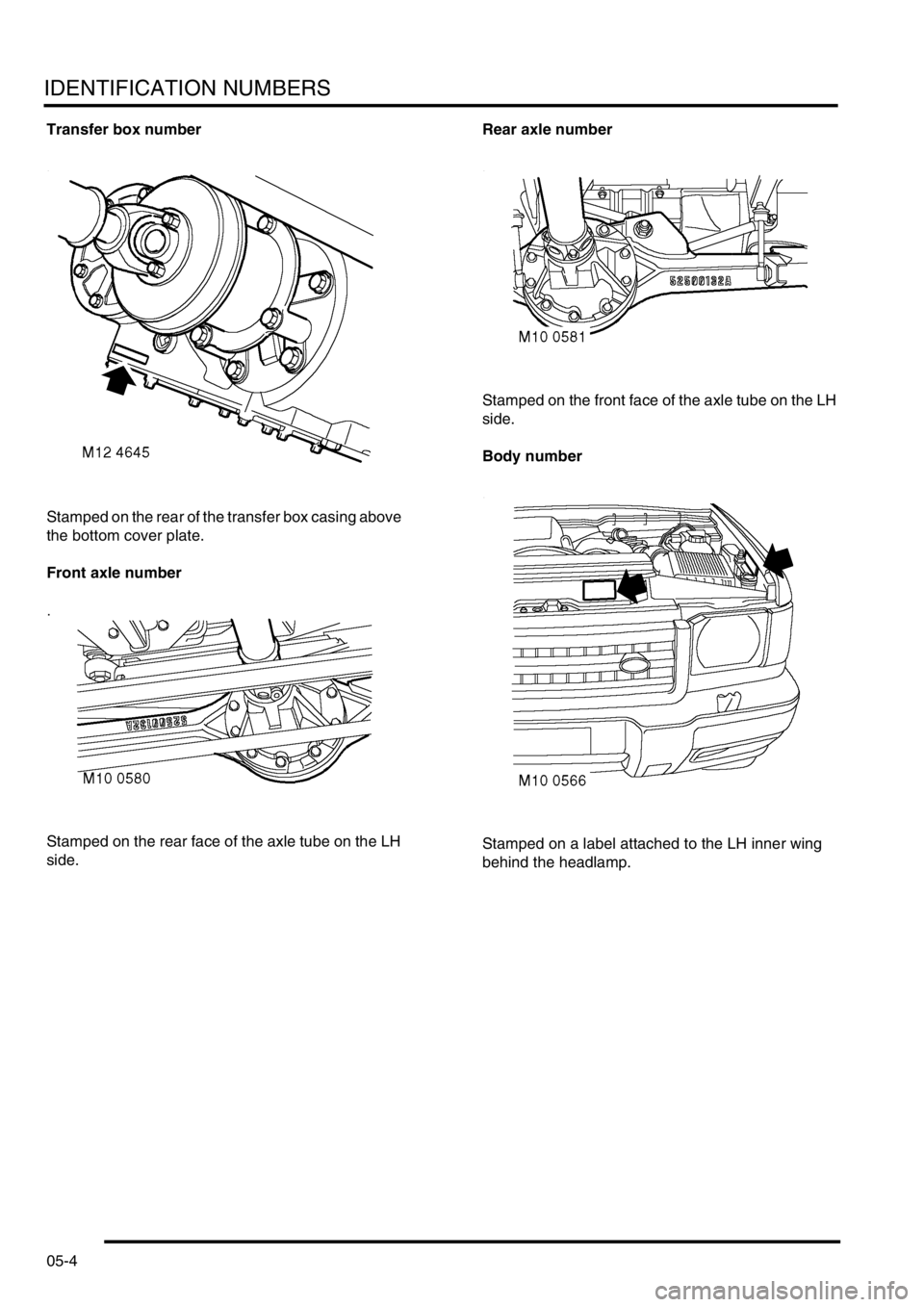 LAND ROVER DISCOVERY 2002 Workshop Manual IDENTIFICATION NUMBERS
05-4
Transfer box number
Stamped on the rear of the transfer box casing above
the bottom cover plate.
Front axle number
Stamped on the rear face of the axle tube on the LH
sid LAND ROVER DISCOVERY 2002 Workshop Manual IDENTIFICATION NUMBERS
05-4
Transfer box number
Stamped on the rear of the transfer box casing above
the bottom cover plate.
Front axle number
Stamped on the rear face of the axle tube on the LH
sid