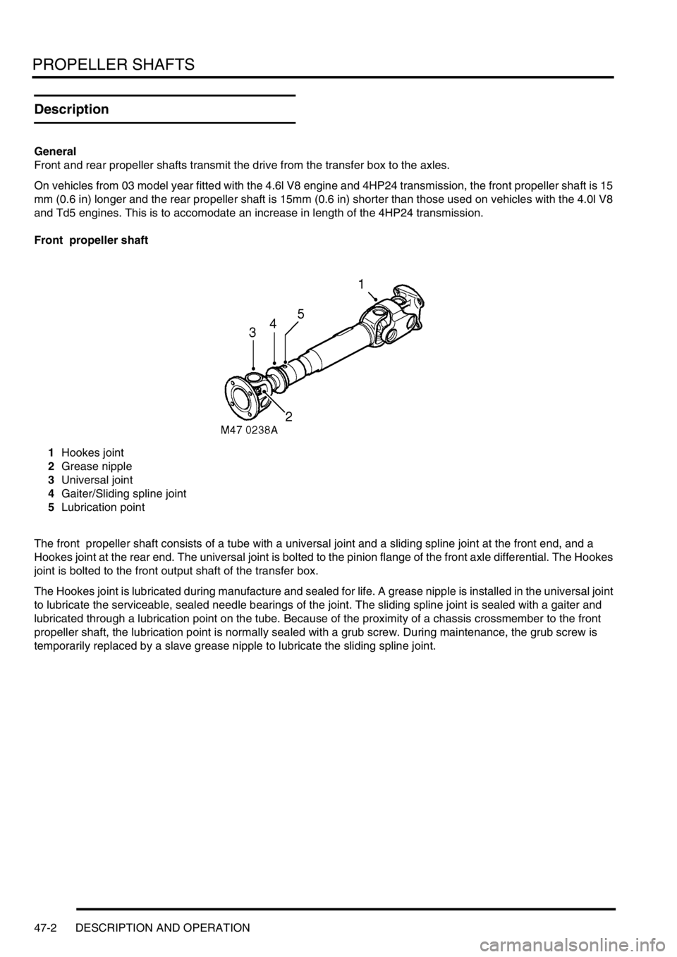 LAND ROVER DISCOVERY 2002  Workshop Manual PROPELLER SHAFTS
47-2 DESCRIPTION AND OPERATION
Description
General
Front and rear propeller shafts transmit the drive from the transfer box to the axles.
On vehicles from 03 model year fitted with th