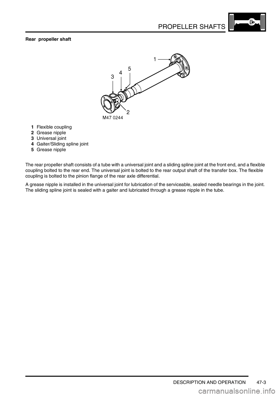 LAND ROVER DISCOVERY 2002 Workshop Manual PROPELLER SHAFTS
DESCRIPTION AND OPERATION 47-3
Rear propeller shaft
1Flexible coupling
2Grease nipple
3Universal joint
4Gaiter/Sliding spline joint
5Grease nipple
The rear propeller shaft consists LAND ROVER DISCOVERY 2002 Workshop Manual PROPELLER SHAFTS
DESCRIPTION AND OPERATION 47-3
Rear propeller shaft
1Flexible coupling
2Grease nipple
3Universal joint
4Gaiter/Sliding spline joint
5Grease nipple
The rear propeller shaft consists