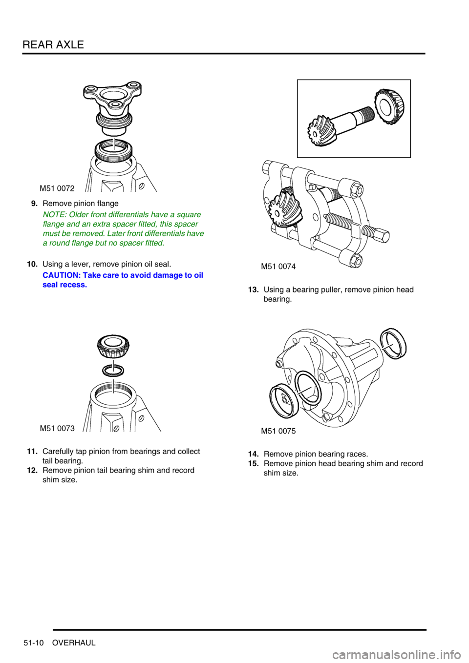 LAND ROVER DISCOVERY 2002 Workshop Manual REAR AXLE
51-10 OVERHAUL
9.Remove pinion flange
NOTE: Older front differentials have a square
flange and an extra spacer fitted, this spacer
must be removed. Later front differentials have
a round LAND ROVER DISCOVERY 2002 Workshop Manual REAR AXLE
51-10 OVERHAUL
9.Remove pinion flange
NOTE: Older front differentials have a square
flange and an extra spacer fitted, this spacer
must be removed. Later front differentials have
a round