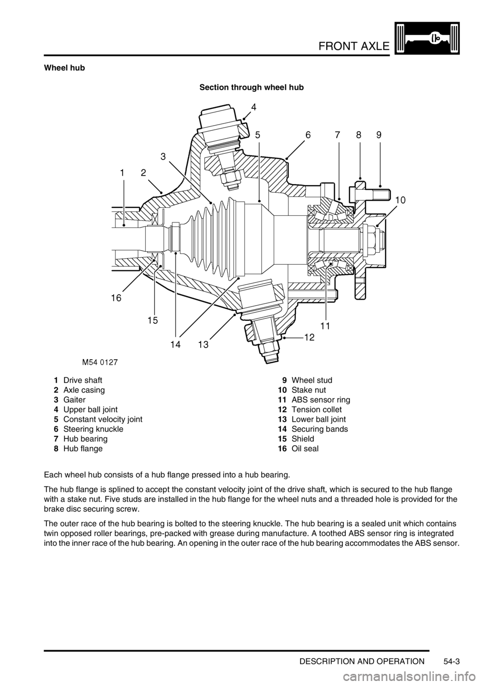 LAND ROVER DISCOVERY 2002 Workshop Manual FRONT AXLE
DESCRIPTION AND OPERATION 54-3
Wheel hub
Section through wheel hub
1Drive shaft
2Axle casing
3Gaiter
4Upper ball joint
5Constant velocity joint
6Steering knuckle
7Hub bearing
8Hub flange9Wh LAND ROVER DISCOVERY 2002 Workshop Manual FRONT AXLE
DESCRIPTION AND OPERATION 54-3
Wheel hub
Section through wheel hub
1Drive shaft
2Axle casing
3Gaiter
4Upper ball joint
5Constant velocity joint
6Steering knuckle
7Hub bearing
8Hub flange9Wh