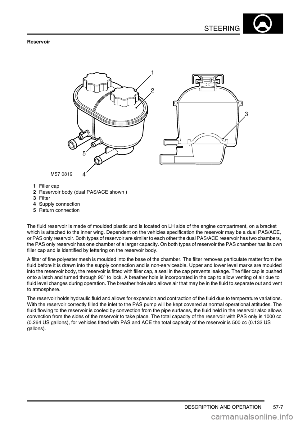 LAND ROVER DISCOVERY 2002 Manual PDF STEERING
DESCRIPTION AND OPERATION 57-7
Reservoir
1Filler cap
2Reservoir body (dual PAS/ACE shown )
3Filter
4Supply connection
5Return connection
The fluid reservoir is made of moulded plastic and is LAND ROVER DISCOVERY 2002 Manual PDF STEERING
DESCRIPTION AND OPERATION 57-7
Reservoir
1Filler cap
2Reservoir body (dual PAS/ACE shown )
3Filter
4Supply connection
5Return connection
The fluid reservoir is made of moulded plastic and is
