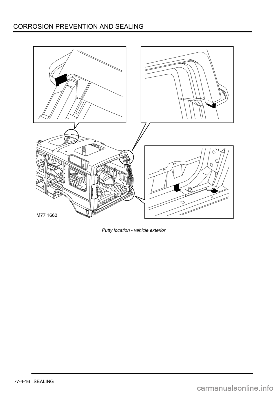 LAND ROVER DISCOVERY 1999  Workshop Manual CORROSION PREVENTION AND SEALING
77-4-16 SEALING
Putty location - vehicle exterior 
