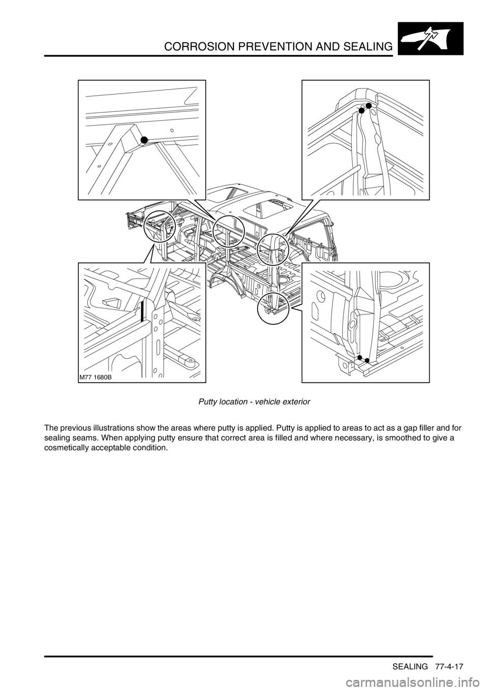 LAND ROVER DISCOVERY 1999  Workshop Manual CORROSION PREVENTION AND SEALING
SEALING 77-4-17
Putty location - vehicle exterior
The previous illustrations show the areas where putty is applied. Putty is applied to areas to act as a gap filler an