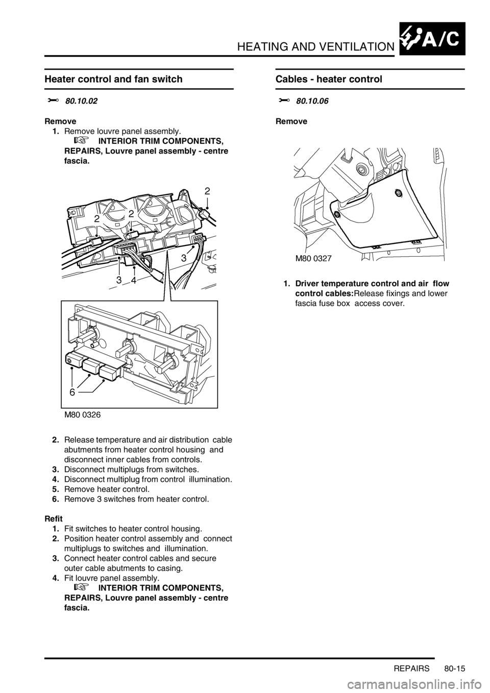 LAND ROVER DISCOVERY 1999 Service Manual HEATING AND VENTILATION
REPAIRS 80-15
REPAIRS
Heater control and fan switch
$% 80.10.02
Remove
1.Remove louvre panel assembly.
+ INTERIOR TRIM COMPONENTS,
REPAIRS, Louvre panel assembly - cen LAND ROVER DISCOVERY 1999 Service Manual HEATING AND VENTILATION
REPAIRS 80-15
REPAIRS
Heater control and fan switch
$% 80.10.02
Remove
1.Remove louvre panel assembly.
+ INTERIOR TRIM COMPONENTS,
REPAIRS, Louvre panel assembly - cen