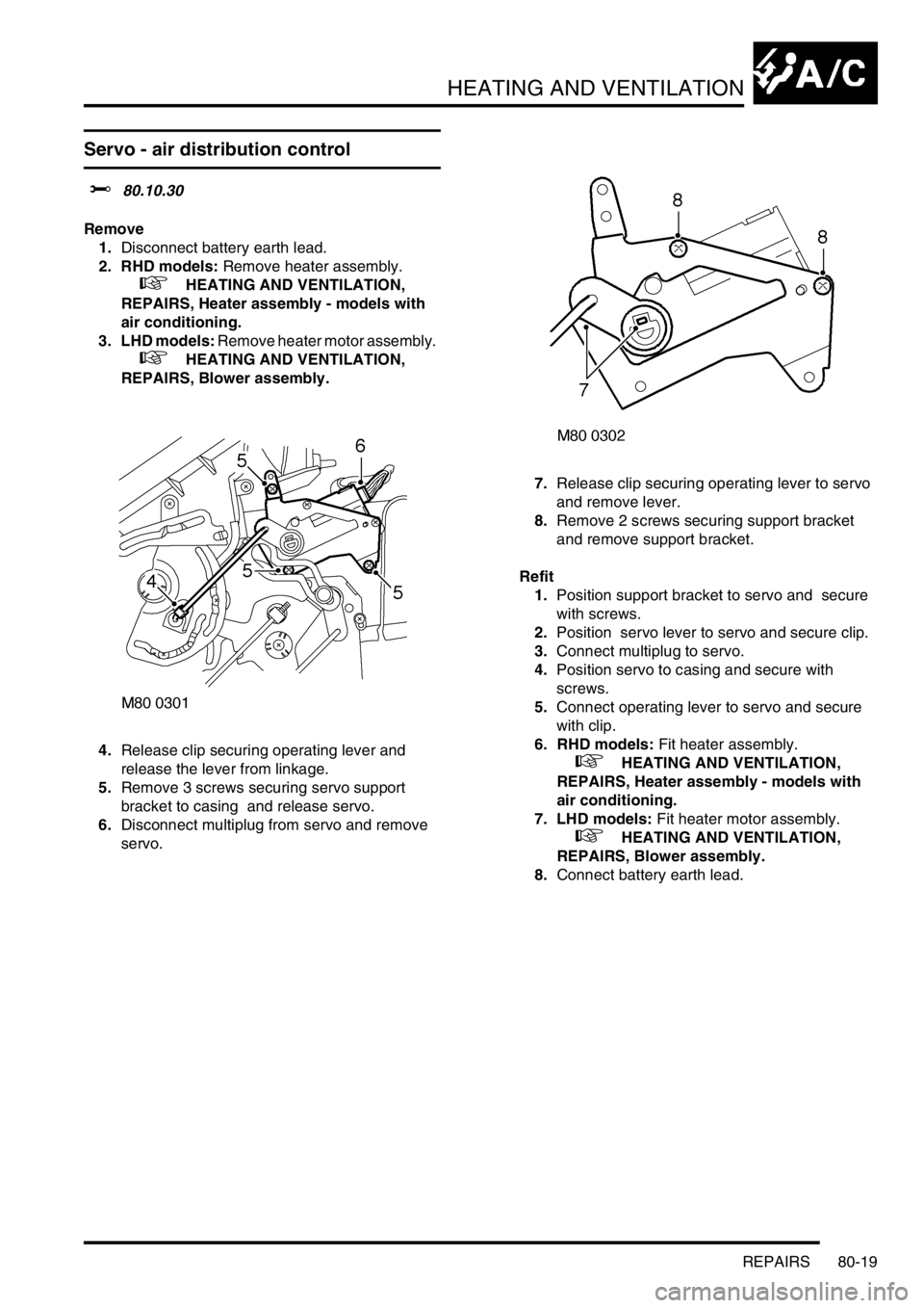 LAND ROVER DISCOVERY 1999 Repair Manual HEATING AND VENTILATION
REPAIRS 80-19
Servo - air distribution control
$% 80.10.30
Remove
1.Disconnect battery earth lead.
2. RHD models: Remove heater assembly.
+ HEATING AND VENTILATION,
REPA LAND ROVER DISCOVERY 1999 Repair Manual HEATING AND VENTILATION
REPAIRS 80-19
Servo - air distribution control
$% 80.10.30
Remove
1.Disconnect battery earth lead.
2. RHD models: Remove heater assembly.
+ HEATING AND VENTILATION,
REPA