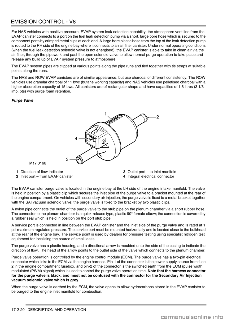 LAND ROVER DISCOVERY 1999 Workshop Manual EMISSION CONTROL - V8
17-2-20 DESCRIPTION AND OPERATION
For NAS vehicles with positive pressure, EVAP system leak detection capability, the atmosphere vent line from the
EVAP canister connects to a p LAND ROVER DISCOVERY 1999 Workshop Manual EMISSION CONTROL - V8
17-2-20 DESCRIPTION AND OPERATION
For NAS vehicles with positive pressure, EVAP system leak detection capability, the atmosphere vent line from the
EVAP canister connects to a p