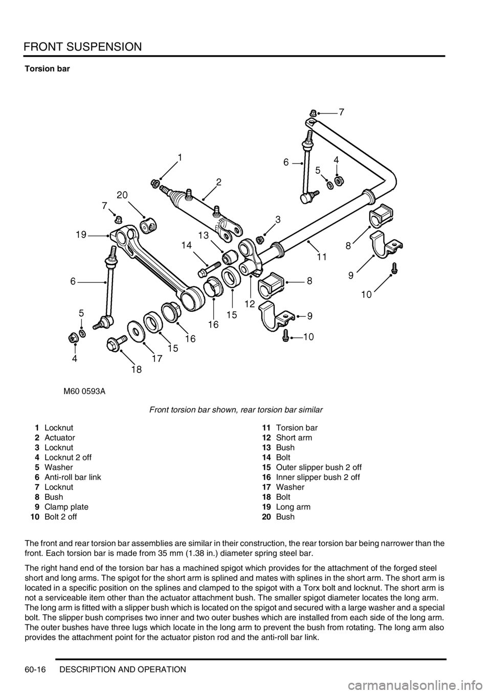 LAND ROVER DISCOVERY 1999 Workshop Manual FRONT SUSPENSION
60-16 DESCRIPTION AND OPERATION
Torsion bar
Front torsion bar shown, rear torsion bar similar
1Locknut
2Actuator
3Locknut
4Locknut 2 off
5Washer
6Anti-roll bar link
7Locknut
8Bush
9Cl LAND ROVER DISCOVERY 1999 Workshop Manual FRONT SUSPENSION
60-16 DESCRIPTION AND OPERATION
Torsion bar
Front torsion bar shown, rear torsion bar similar
1Locknut
2Actuator
3Locknut
4Locknut 2 off
5Washer
6Anti-roll bar link
7Locknut
8Bush
9Cl