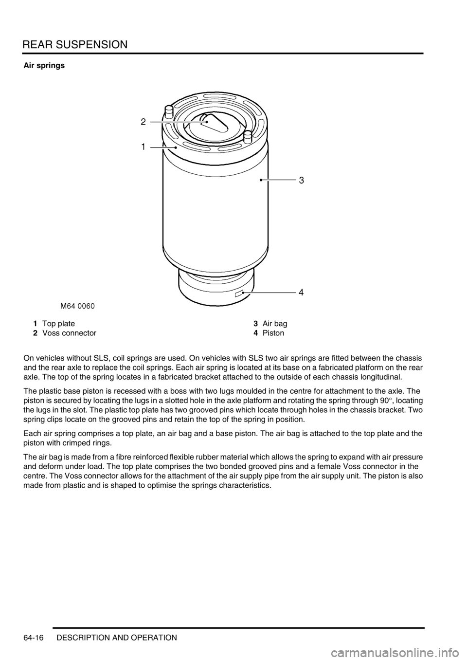 LAND ROVER DISCOVERY 1999 Workshop Manual REAR SUSPENSION
64-16 DESCRIPTION AND OPERATION
Air springs
1Top plate
2Voss connector3Air bag
4Piston
On vehicles without SLS, coil springs are used. On vehicles with SLS two air springs are fitted b LAND ROVER DISCOVERY 1999 Workshop Manual REAR SUSPENSION
64-16 DESCRIPTION AND OPERATION
Air springs
1Top plate
2Voss connector3Air bag
4Piston
On vehicles without SLS, coil springs are used. On vehicles with SLS two air springs are fitted b