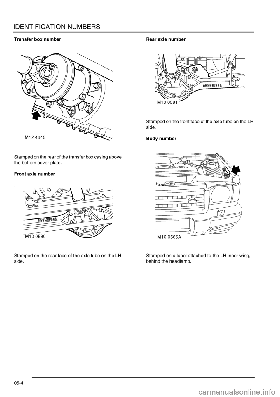 LAND ROVER DISCOVERY 1999  Workshop Manual IDENTIFICATION NUMBERS
05-4
Transfer box number
Stamped on the rear of the transfer box casing above 
the bottom cover plate.
Front axle number
Stamped on the rear face of the axle tube on the LH 
sid