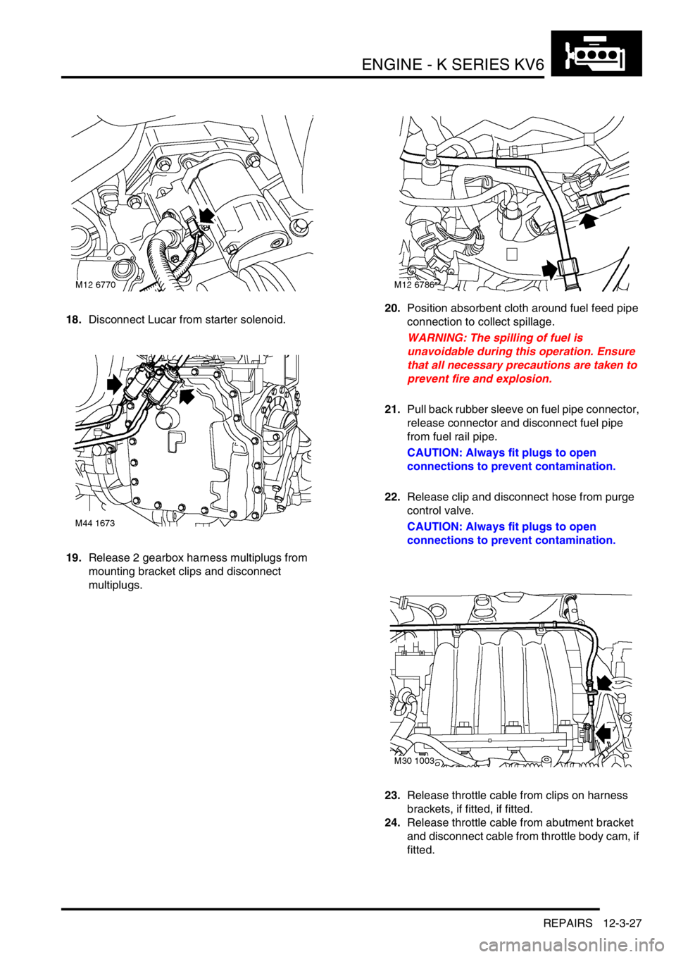LAND ROVER FREELANDER 2001  Workshop Manual ENGINE - K SERIES KV6
REPAIRS 12-3-27
18.Disconnect Lucar from starter solenoid.
19.Release 2 gearbox harness multiplugs from 
mounting bracket clips and disconnect 
multiplugs.20.Position absorbent c