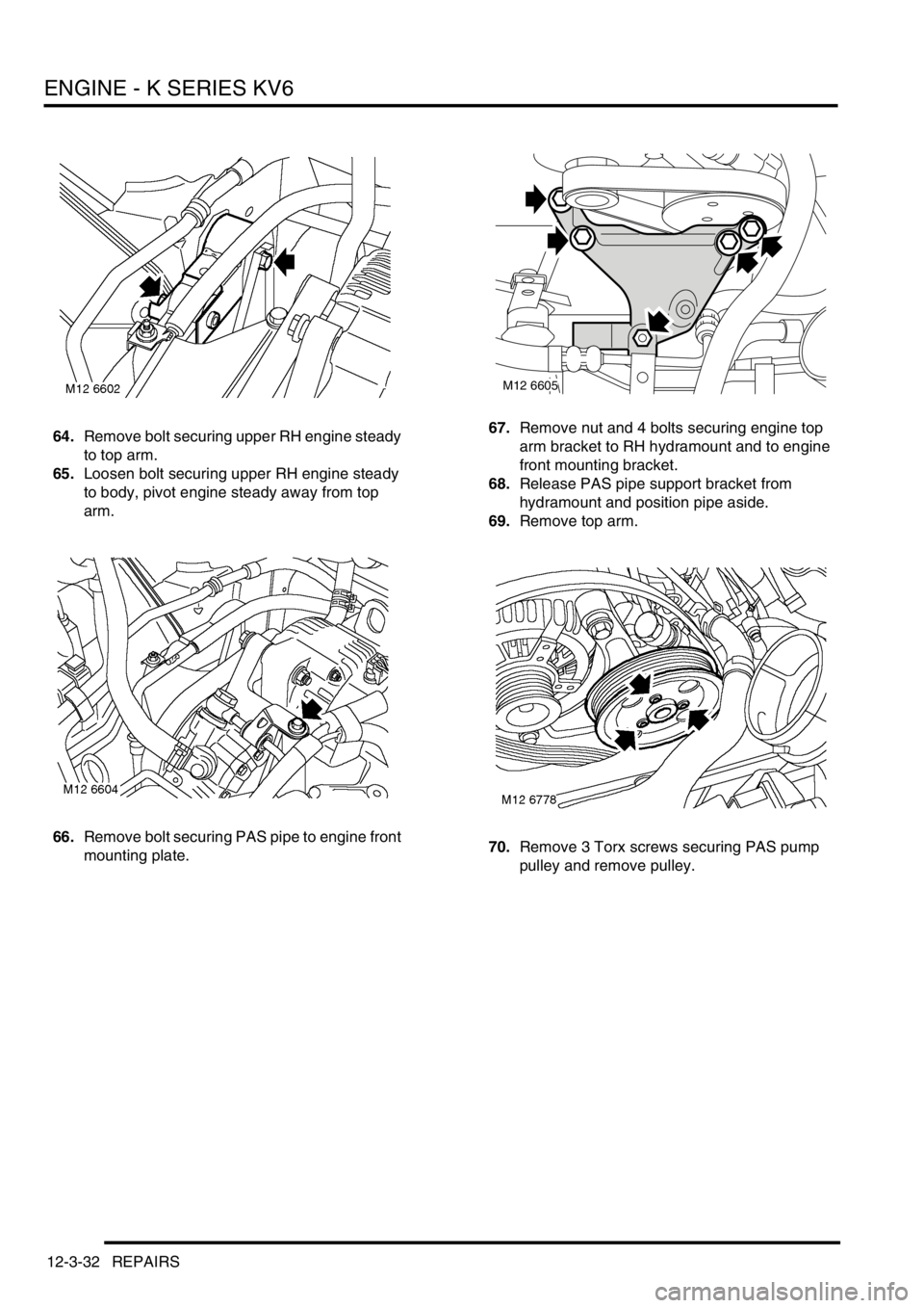 LAND ROVER FREELANDER 2001  Workshop Manual ENGINE - K SERIES KV6
12-3-32 REPAIRS
64.Remove bolt securing upper RH engine steady 
to top arm.
65.Loosen bolt securing upper RH engine steady 
to body, pivot engine steady away from top 
arm.
66.Re