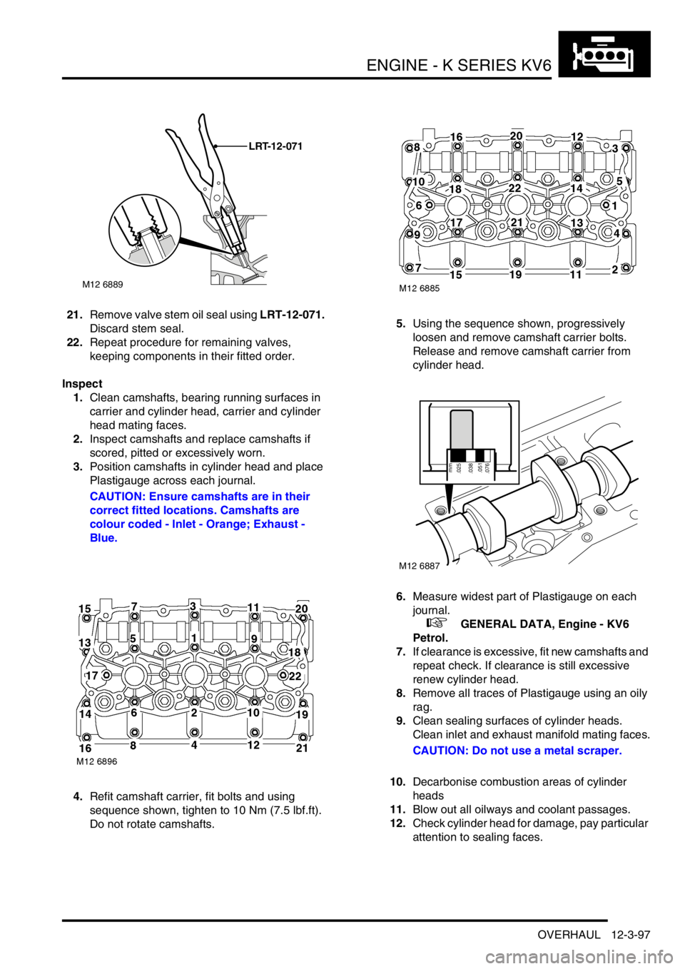 LAND ROVER FREELANDER 2001 Workshop Manual ENGINE - K SERIES KV6
OVERHAUL 12-3-97
21.Remove valve stem oil seal using LRT-12-071.
Discard stem seal.
22.Repeat procedure for remaining valves,
keeping components in their fitted order.
Inspect
LAND ROVER FREELANDER 2001 Workshop Manual ENGINE - K SERIES KV6
OVERHAUL 12-3-97
21.Remove valve stem oil seal using LRT-12-071.
Discard stem seal.
22.Repeat procedure for remaining valves,
keeping components in their fitted order.
Inspect