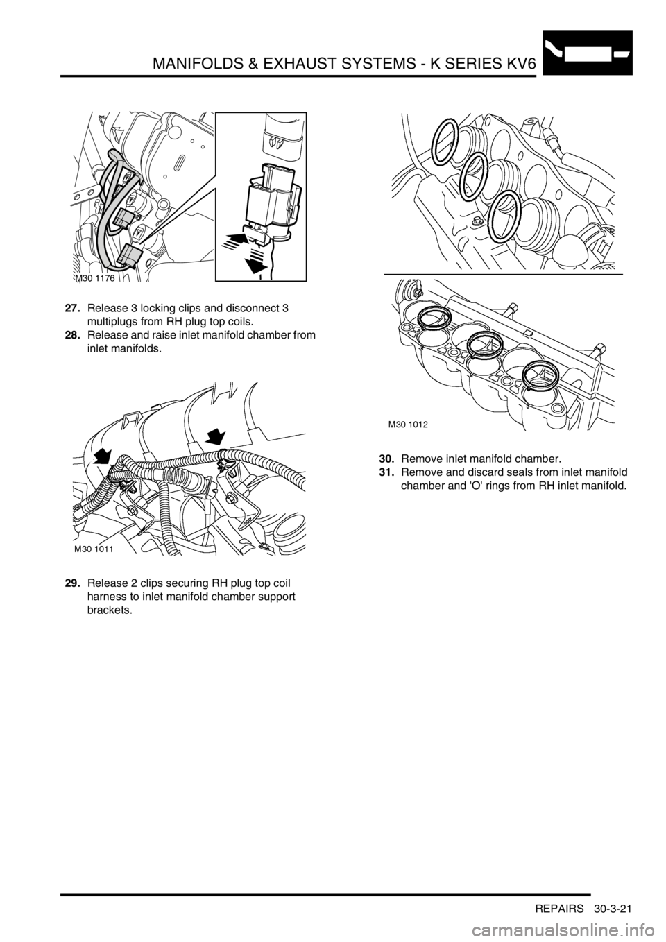 LAND ROVER FREELANDER 2001 Workshop Manual MANIFOLDS & EXHAUST SYSTEMS - K SERIES KV6
REPAIRS 30-3-21
27.Release 3 locking clips and disconnect 3
multiplugs from RH plug top coils.
28.Release and raise inlet manifold chamber from
inlet manif LAND ROVER FREELANDER 2001 Workshop Manual MANIFOLDS & EXHAUST SYSTEMS - K SERIES KV6
REPAIRS 30-3-21
27.Release 3 locking clips and disconnect 3
multiplugs from RH plug top coils.
28.Release and raise inlet manifold chamber from
inlet manif