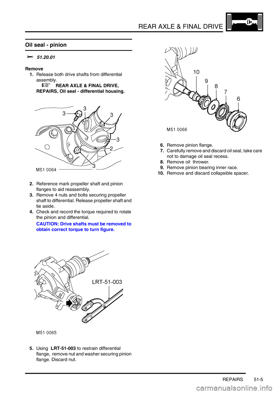 LAND ROVER FREELANDER 2001 Workshop Manual REAR AXLE & FINAL DRIVE
REPAIRS 51-5
Oil seal - pinion
$% 51.20.01
Remove
1.Release both drive shafts from differential
assembly.
+ REAR AXLE & FINAL DRIVE,
REPAIRS, Oil seal - differential hou LAND ROVER FREELANDER 2001 Workshop Manual REAR AXLE & FINAL DRIVE
REPAIRS 51-5
Oil seal - pinion
$% 51.20.01
Remove
1.Release both drive shafts from differential
assembly.
+ REAR AXLE & FINAL DRIVE,
REPAIRS, Oil seal - differential hou