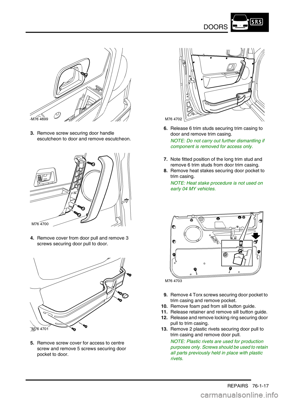 LAND ROVER FREELANDER 2001  Workshop Manual DOORS
REPAIRS 76-1-17
3.Remove screw securing door handle 
escutcheon to door and remove escutcheon.
4.Remove cover from door pull and remove 3 
screws securing door pull to door.
5.Remove screw cover