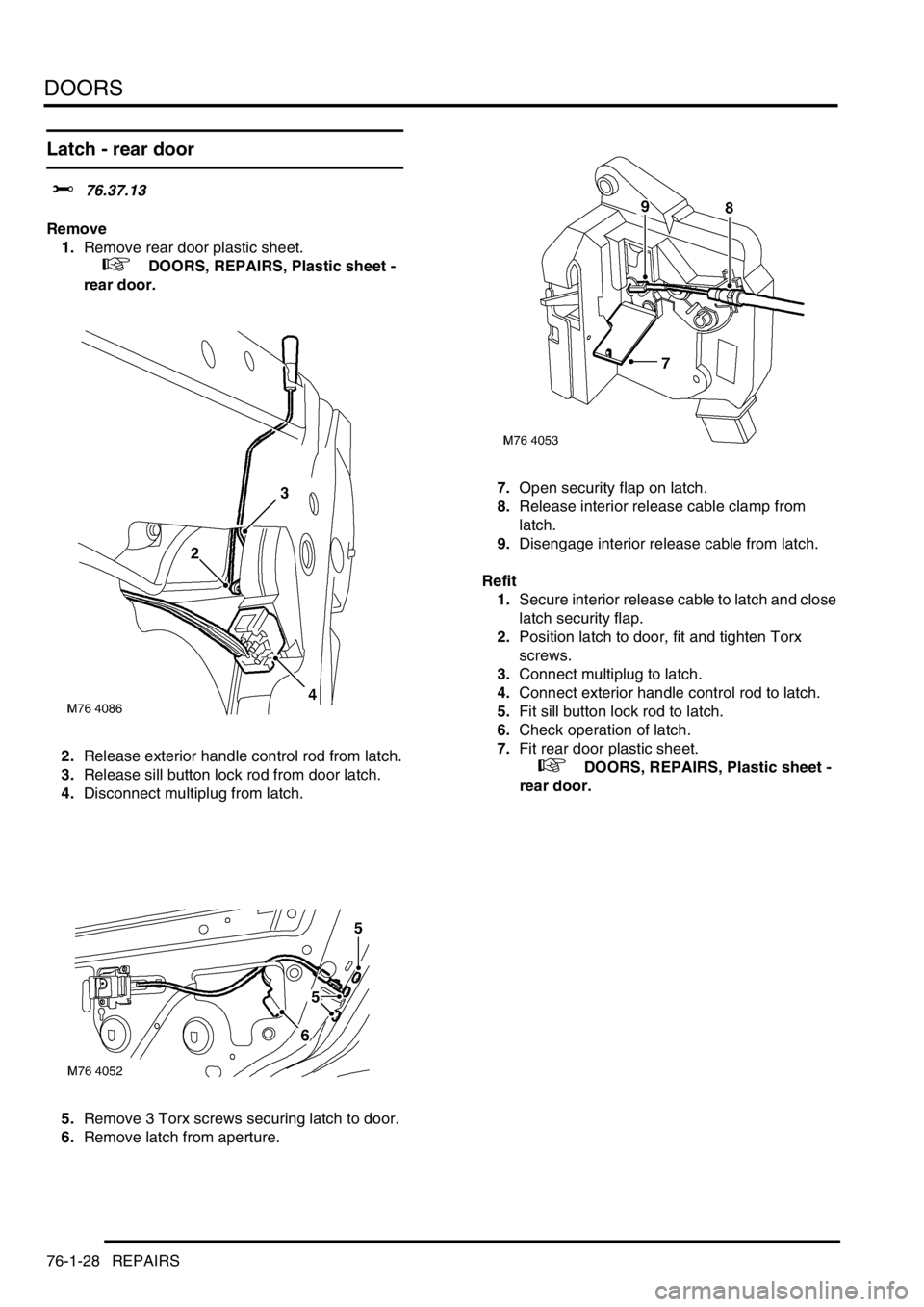LAND ROVER FREELANDER 2001  Workshop Manual DOORS
76-1-28 REPAIRS
Latch - rear door
$% 76.37.13
Remove
1.Remove rear door plastic sheet.
 
 +  DOORS, REPAIRS, Plastic sheet - 
rear door.
2.Release exterior handle control rod from latch.
3.Relea