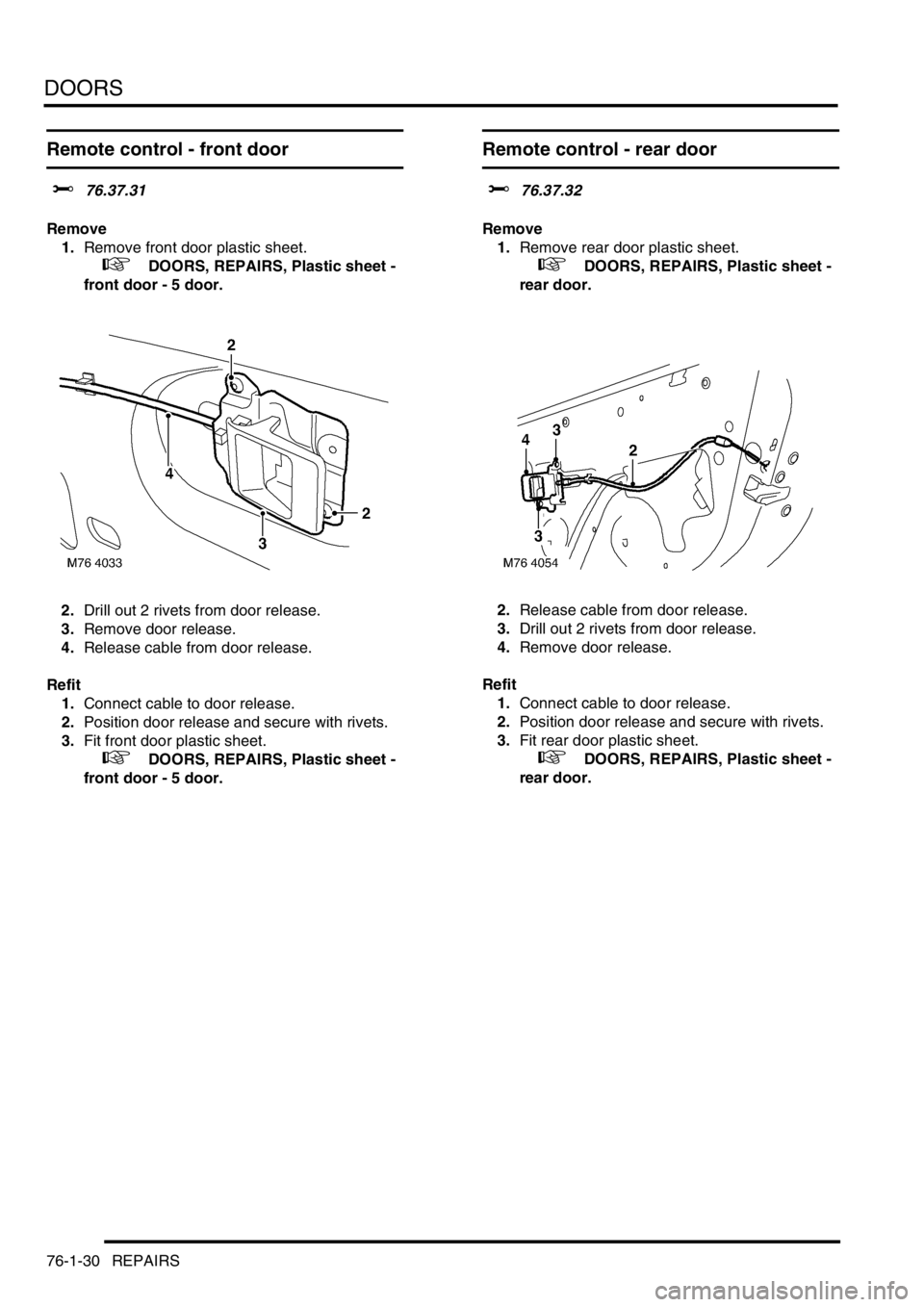 LAND ROVER FREELANDER 2001 Workshop Manual DOORS
76-1-30 REPAIRS
Remote control - front door
$% 76.37.31
Remove
1.Remove front door plastic sheet.
+ DOORS, REPAIRS, Plastic sheet -
front door - 5 door.
2.Drill out 2 rivets from door relea LAND ROVER FREELANDER 2001 Workshop Manual DOORS
76-1-30 REPAIRS
Remote control - front door
$% 76.37.31
Remove
1.Remove front door plastic sheet.
+ DOORS, REPAIRS, Plastic sheet -
front door - 5 door.
2.Drill out 2 rivets from door relea
