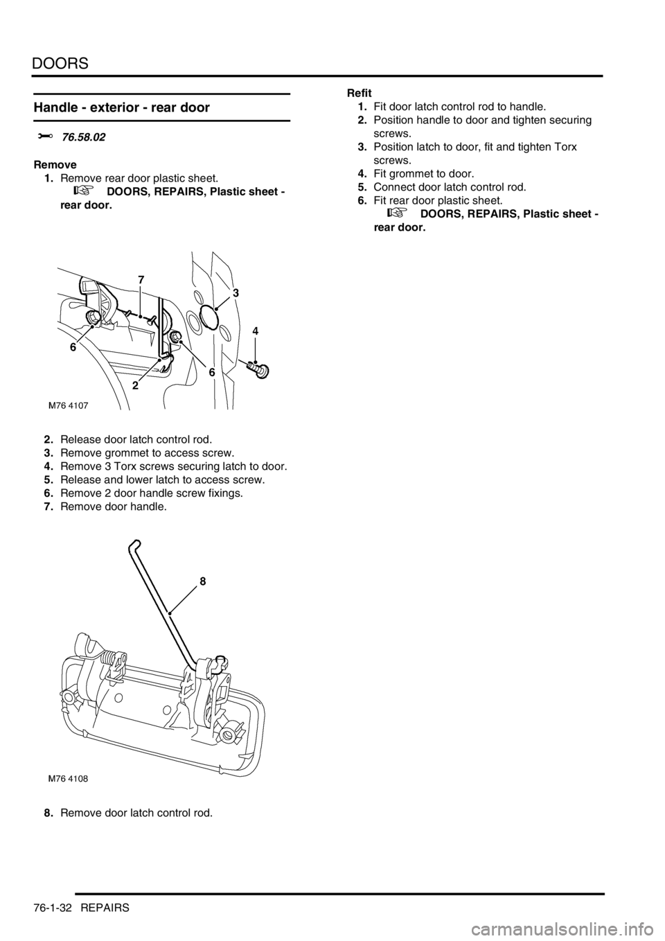 LAND ROVER FREELANDER 2001  Workshop Manual DOORS
76-1-32 REPAIRS
Handle - exterior - rear door 
$% 76.58.02
Remove
1.Remove rear door plastic sheet.
 
 +  DOORS, REPAIRS, Plastic sheet - 
rear door.
2.Release door latch control rod.
3.Remove g