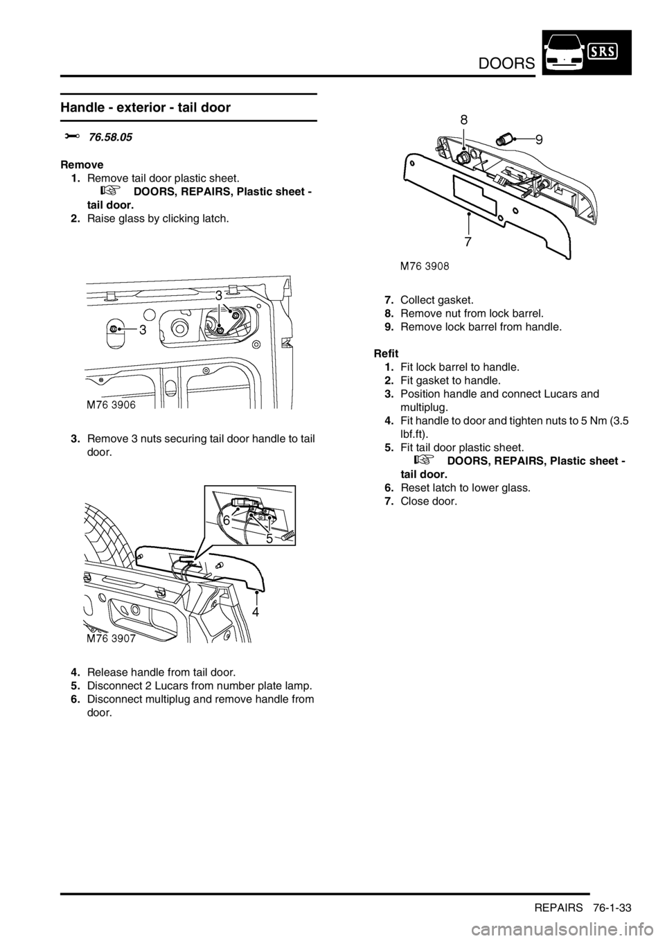 LAND ROVER FREELANDER 2001  Workshop Manual DOORS
REPAIRS 76-1-33
Handle - exterior - tail door
$% 76.58.05
Remove
1.Remove tail door plastic sheet.
 
 +  DOORS, REPAIRS, Plastic sheet - 
tail door.
2.Raise glass by clicking latch.
3.Remove 3 n LAND ROVER FREELANDER 2001  Workshop Manual DOORS
REPAIRS 76-1-33
Handle - exterior - tail door
$% 76.58.05
Remove
1.Remove tail door plastic sheet.
 
 +  DOORS, REPAIRS, Plastic sheet - 
tail door.
2.Raise glass by clicking latch.
3.Remove 3 n