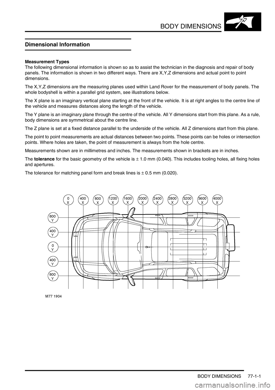 LAND ROVER FREELANDER 2001 Workshop Manual BODY DIMENSIONS
BODY DIMENSIONS 77-1-1
BODY DIMENSIONS BODY DIMENSIONS
Dimensional Information
Measurement Types
The following dimensional information is shown so as to assist the technician in the di LAND ROVER FREELANDER 2001 Workshop Manual BODY DIMENSIONS
BODY DIMENSIONS 77-1-1
BODY DIMENSIONS BODY DIMENSIONS
Dimensional Information
Measurement Types
The following dimensional information is shown so as to assist the technician in the di