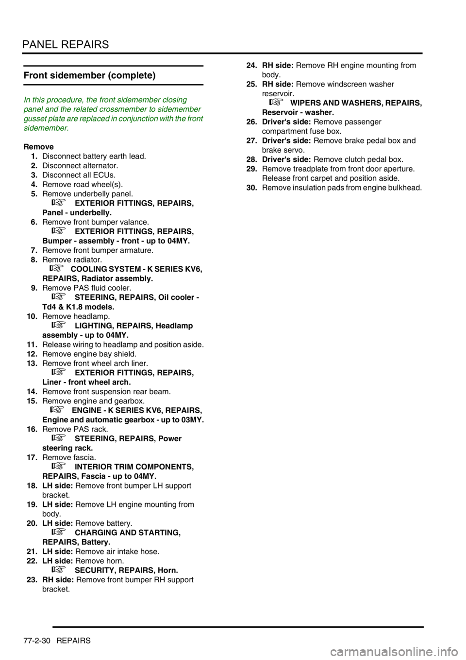 LAND ROVER FREELANDER 2001  Workshop Manual PANEL REPAIRS
77-2-30 REPAIRS
Front sidemember (complete) 
In this procedure, the front sidemember closing 
panel and the related crossmember to sidemember 
gusset plate are replaced in conjunction wi