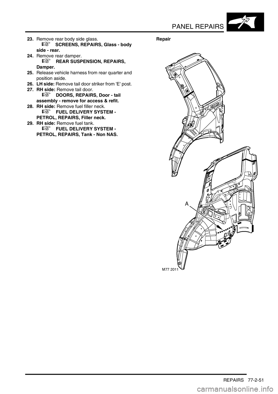 LAND ROVER FREELANDER 2001 Workshop Manual PANEL REPAIRS
REPAIRS 77-2-51
23.Remove rear body side glass.
+ SCREENS, REPAIRS, Glass - body
side - rear.
24.Remove rear damper.
+ REAR SUSPENSION, REPAIRS,
Damper.
25.Release vehicle ha LAND ROVER FREELANDER 2001 Workshop Manual PANEL REPAIRS
REPAIRS 77-2-51
23.Remove rear body side glass.
+ SCREENS, REPAIRS, Glass - body
side - rear.
24.Remove rear damper.
+ REAR SUSPENSION, REPAIRS,
Damper.
25.Release vehicle ha
