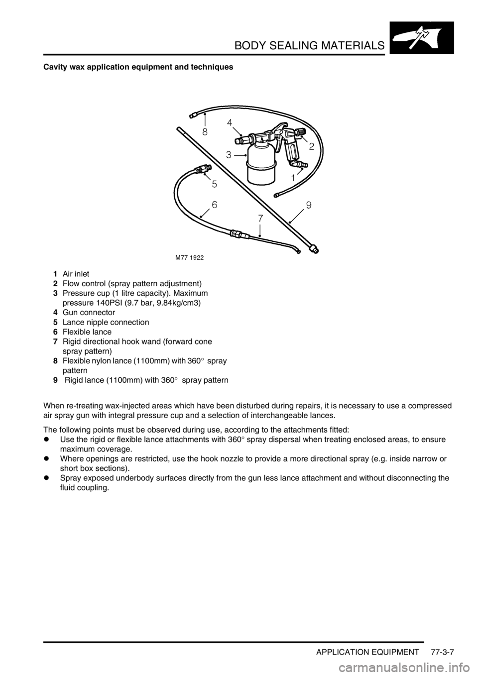 LAND ROVER FREELANDER 2001  Workshop Manual BODY SEALING MATERIALS
APPLICATION EQUIPMENT 77-3-7
Cavity wax application equipment and techniques
1Air inlet
2Flow control (spray pattern adjustment)
3Pressure cup (1 litre capacity). Maximum 
press