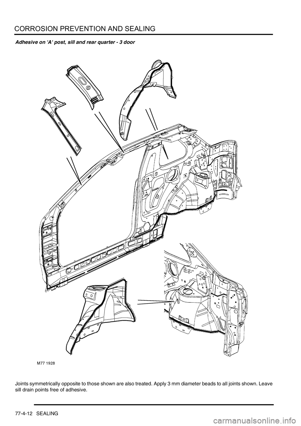 LAND ROVER FREELANDER 2001  Workshop Manual CORROSION PREVENTION AND SEALING
77-4-12 SEALING
Adhesive on A post, sill and rear quarter - 3 door
Joints symmetrically opposite to those shown are also treated. Apply 3 mm diameter beads to all jo