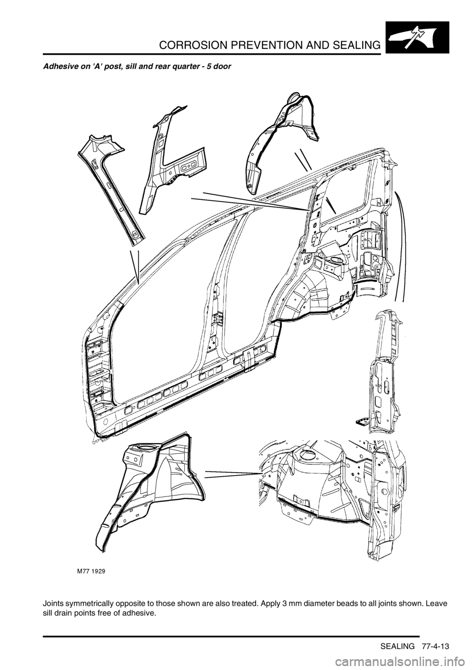 LAND ROVER FREELANDER 2001  Workshop Manual CORROSION PREVENTION AND SEALING
SEALING 77-4-13
Adhesive on A post, sill and rear quarter - 5 door
Joints symmetrically opposite to those shown are also treated. Apply 3 mm diameter beads to all jo