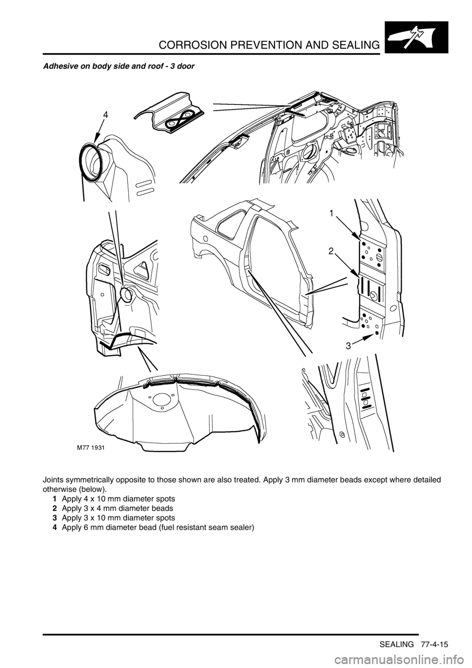 LAND ROVER FREELANDER 2001  Workshop Manual CORROSION PREVENTION AND SEALING
SEALING 77-4-15
Adhesive on body side and roof - 3 door
Joints symmetrically opposite to those shown are also treated. Apply 3 mm diameter beads except where detailed 