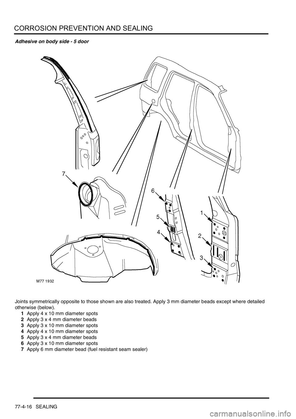 LAND ROVER FREELANDER 2001  Workshop Manual CORROSION PREVENTION AND SEALING
77-4-16 SEALING
Adhesive on body side - 5 door
Joints symmetrically opposite to those shown are also treated. Apply 3 mm diameter beads except where detailed 
otherwis