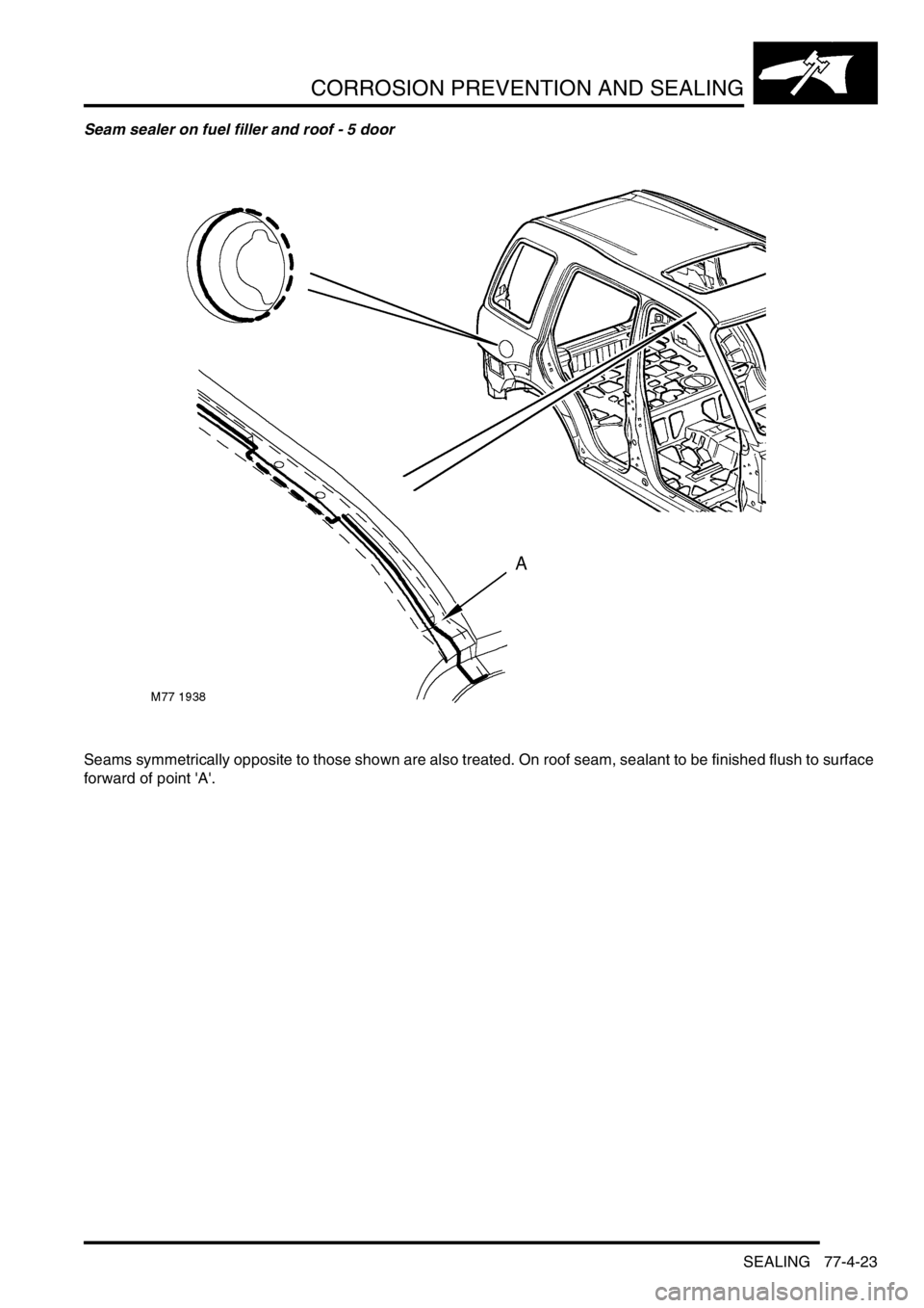 LAND ROVER FREELANDER 2001  Workshop Manual CORROSION PREVENTION AND SEALING
SEALING 77-4-23
Seam sealer on fuel filler and roof - 5 door
Seams symmetrically opposite to those shown are also treated. On roof seam, sealant to be finished flush t
