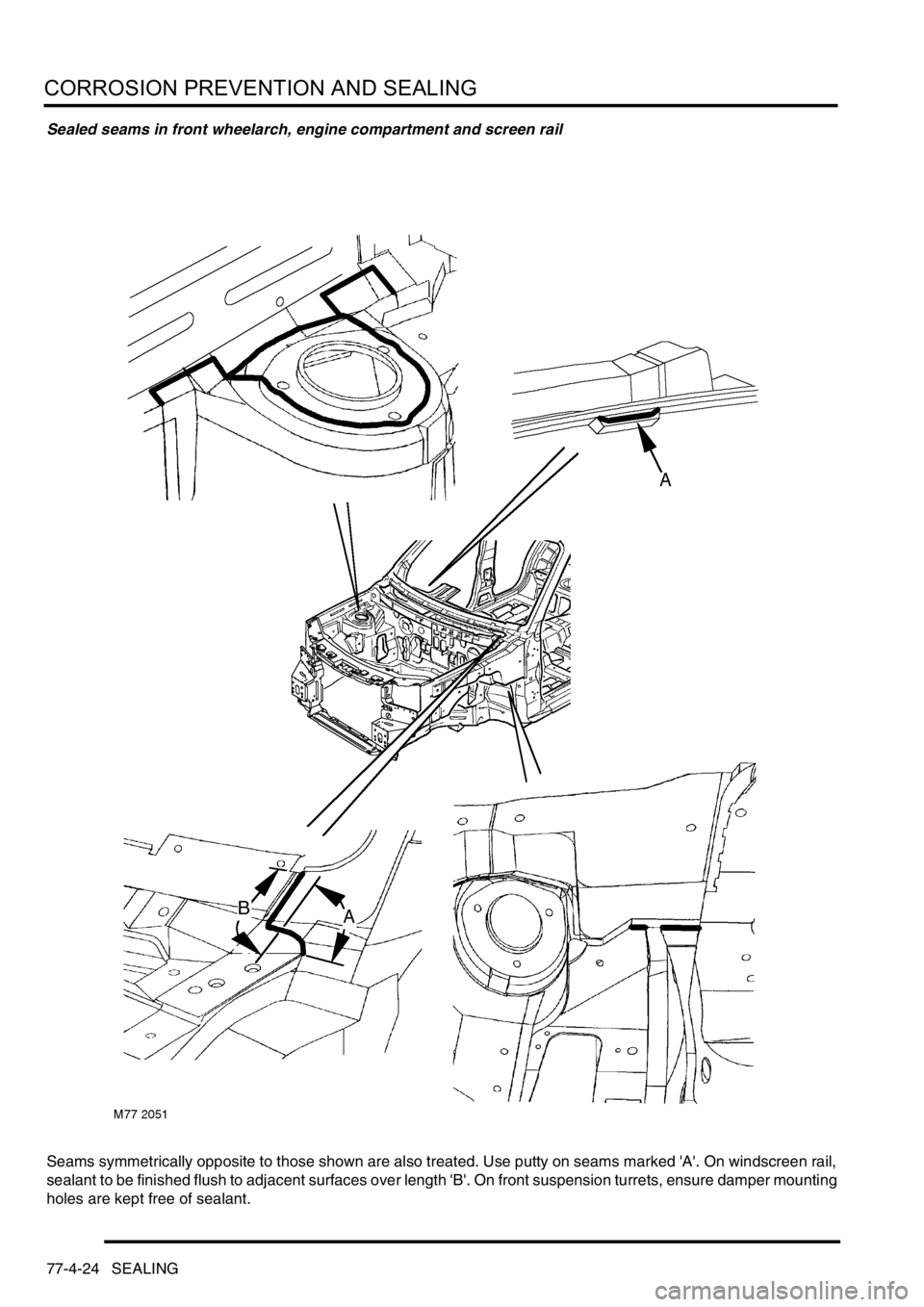LAND ROVER FREELANDER 2001  Workshop Manual CORROSION PREVENTION AND SEALING
77-4-24 SEALING
Sealed seams in front wheelarch, engine compartment and screen rail
Seams symmetrically opposite to those shown are also treated. Use putty on seams ma
