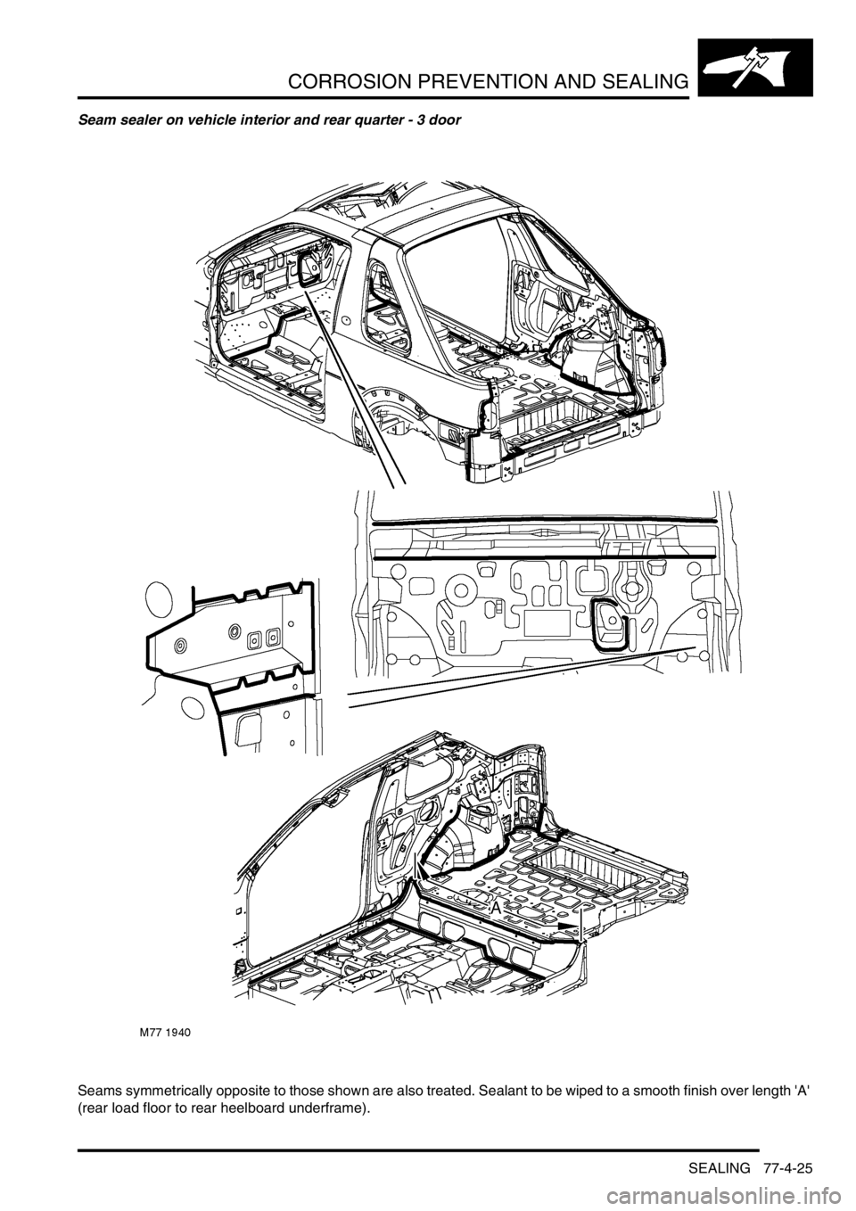 LAND ROVER FREELANDER 2001  Workshop Manual CORROSION PREVENTION AND SEALING
SEALING 77-4-25
Seam sealer on vehicle interior and rear quarter - 3 door
Seams symmetrically opposite to those shown are also treated. Sealant to be wiped to a smooth