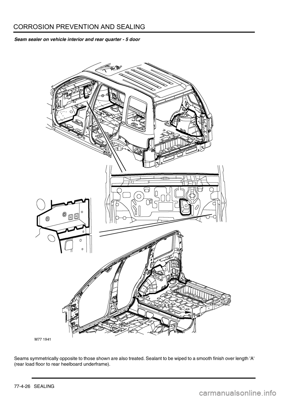 LAND ROVER FREELANDER 2001  Workshop Manual CORROSION PREVENTION AND SEALING
77-4-26 SEALING
Seam sealer on vehicle interior and rear quarter - 5 door
Seams symmetrically opposite to those shown are also treated. Sealant to be wiped to a smooth