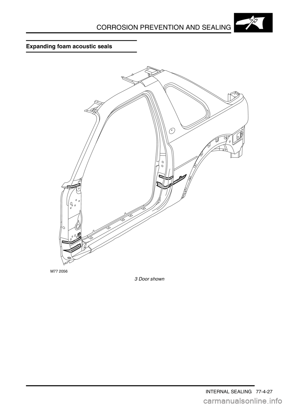 LAND ROVER FREELANDER 2001  Workshop Manual CORROSION PREVENTION AND SEALING
INTERNAL SEALING 77-4-27
INT ERNAL SEALING
Expanding foam acoustic seals
3 Door shown
M77 2056 